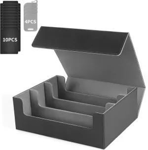 Trading Card Storage Box Cards1900 , Card Storage Box with 10PCS Divider and 4 Supporters, PU Leather Magnetic Closure,Commander Deck Box Fit MTG and Sport Cards,YugiOh(Black Gary)