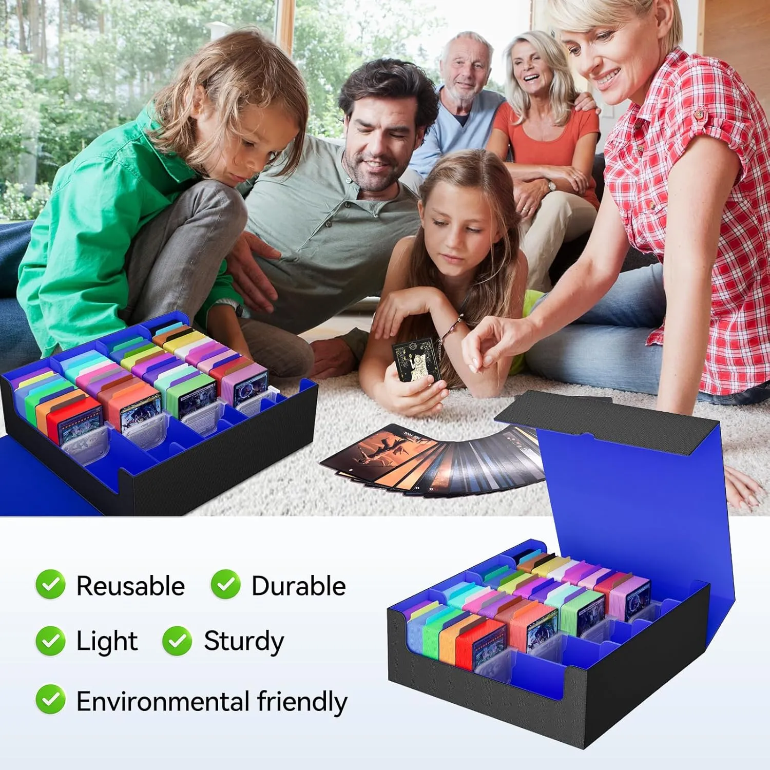 Trading Card Storage Box for card storage,Quadruple Mtg Deck Box Holds 3000  Cards,PU Leather Magnetic Closure Card Deck Box for Magic Commander trading card box Deck Box Mgt(Black and Blue)