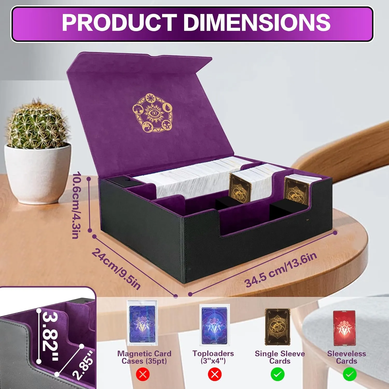 Trading Card Storage Box for MTG/TCG/YuGiOh, Commander Deck Case Fits 2000  Cards, 10 Dividers, Dice Set, 3 Foam Stoppers, PU Leather, Magnetic Closure, Magic, Sports Cards (Purple)