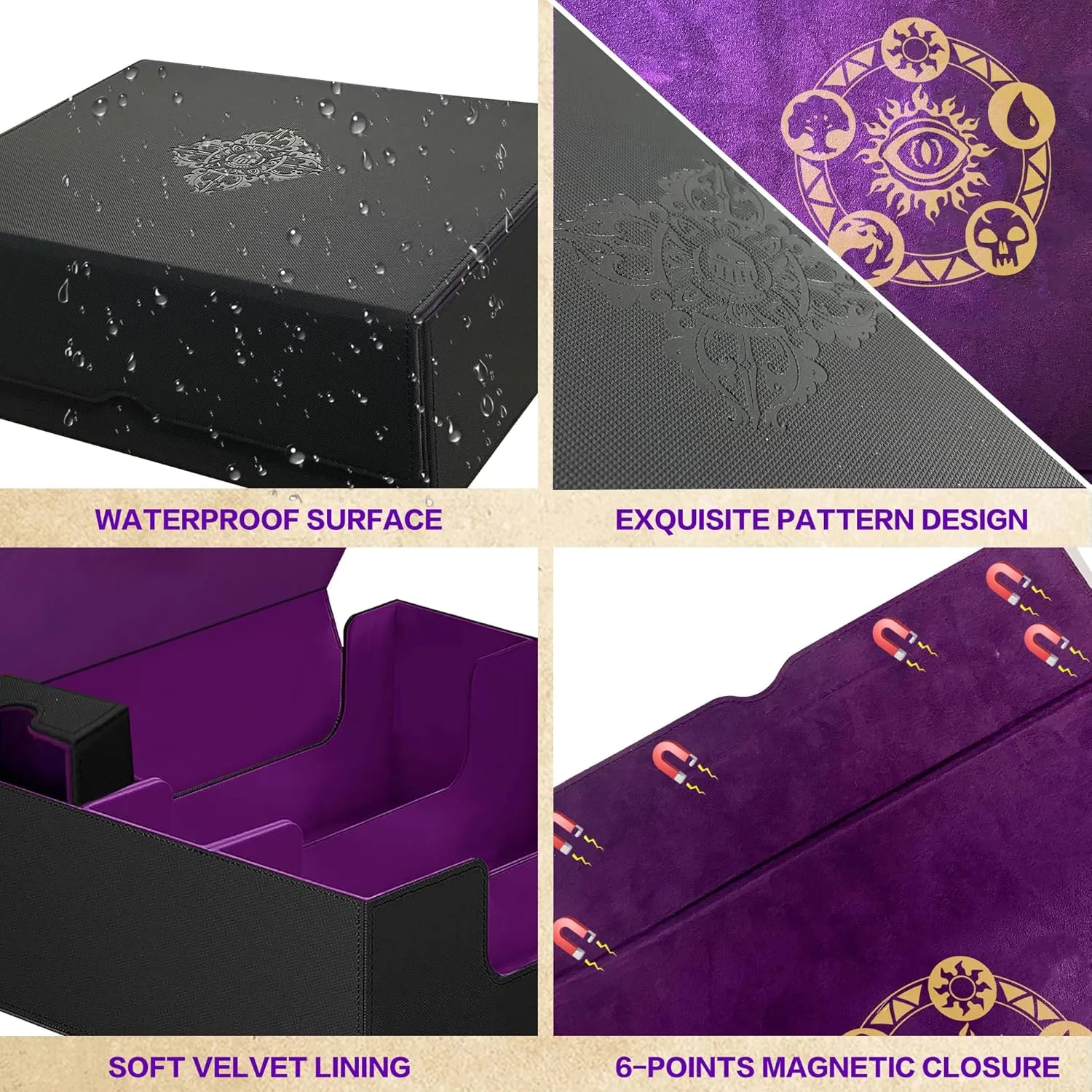 Trading Card Storage Box for MTG/TCG/YuGiOh, Commander Deck Case Fits 2000  Cards, 10 Dividers, Dice Set, 3 Foam Stoppers, PU Leather, Magnetic Closure, Magic, Sports Cards (Purple)
