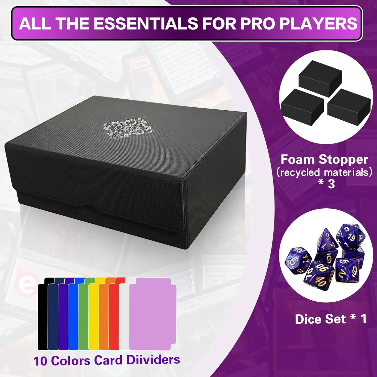 Trading Card Storage Box for MTG/TCG/YuGiOh, Commander Deck Case Fits 2000  Cards, 10 Dividers, Dice Set, 3 Foam Stoppers, PU Leather, Magnetic Closure, Magic, Sports Cards (Purple)