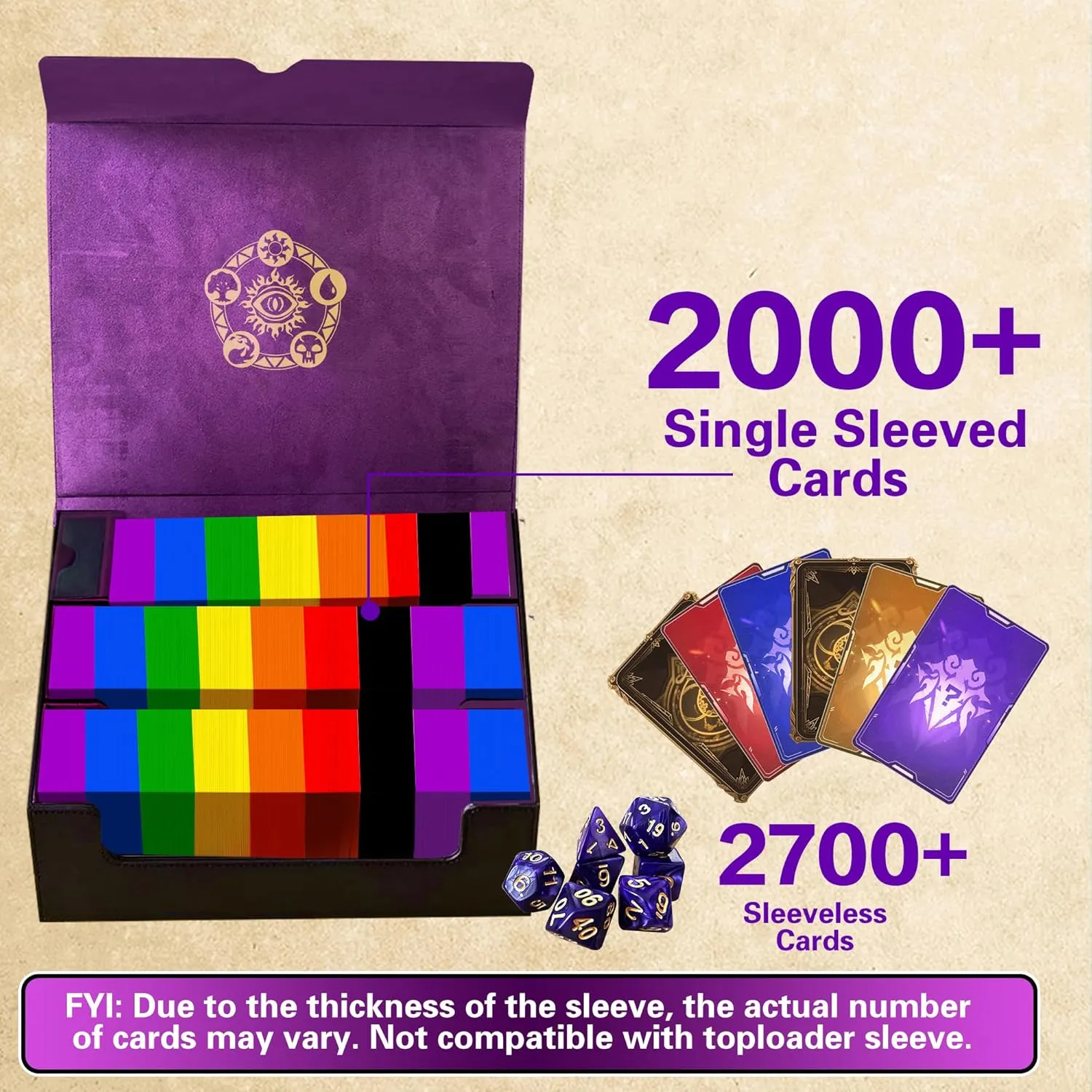Trading Card Storage Box for MTG/TCG/YuGiOh, Commander Deck Case Fits 2000  Cards, 10 Dividers, Dice Set, 3 Foam Stoppers, PU Leather, Magnetic Closure, Magic, Sports Cards (Purple)