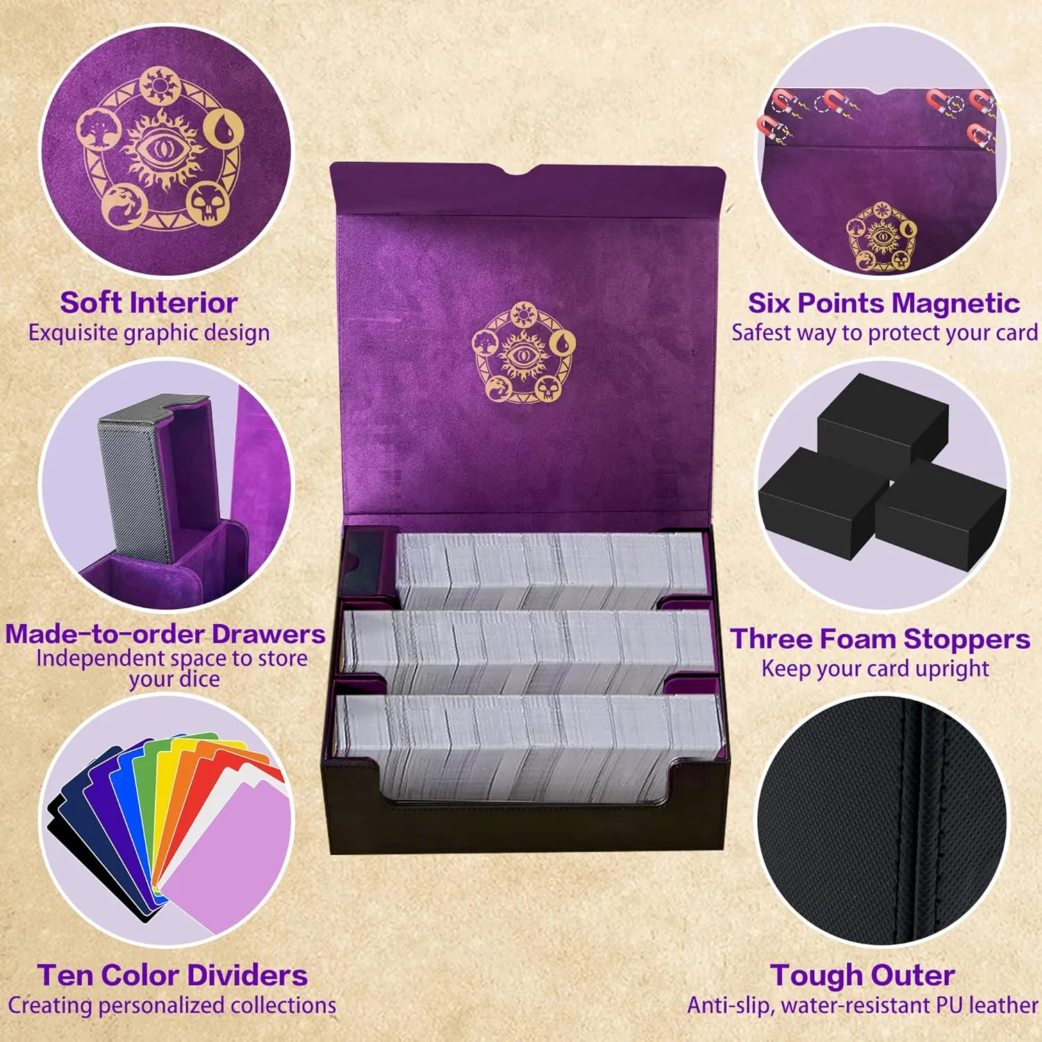 Trading Card Storage Box for MTG/TCG/YuGiOh, Commander Deck Case Fits 2000  Cards, 10 Dividers, Dice Set, 3 Foam Stoppers, PU Leather, Magnetic Closure, Magic, Sports Cards (Purple)