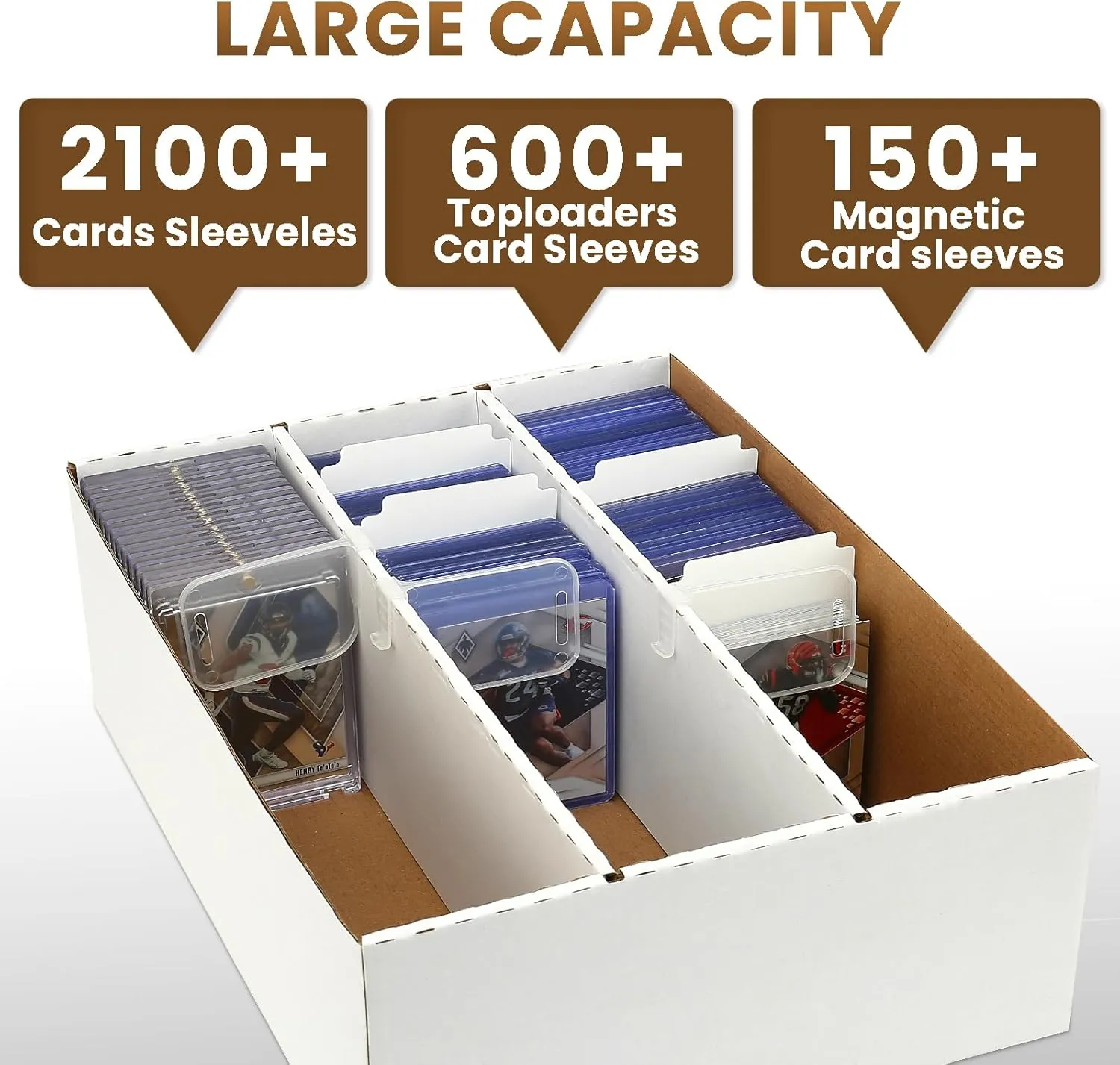 Trading Card Storage Box,3-Row 2100-Count Card Boxes For Sports Cards–Includes 50 Soft Sleeves,8 Dividers,3 Support Bars,Case Box Fit for 35pt Magnetic Card Holders,3x4 toploaders(1PACK)