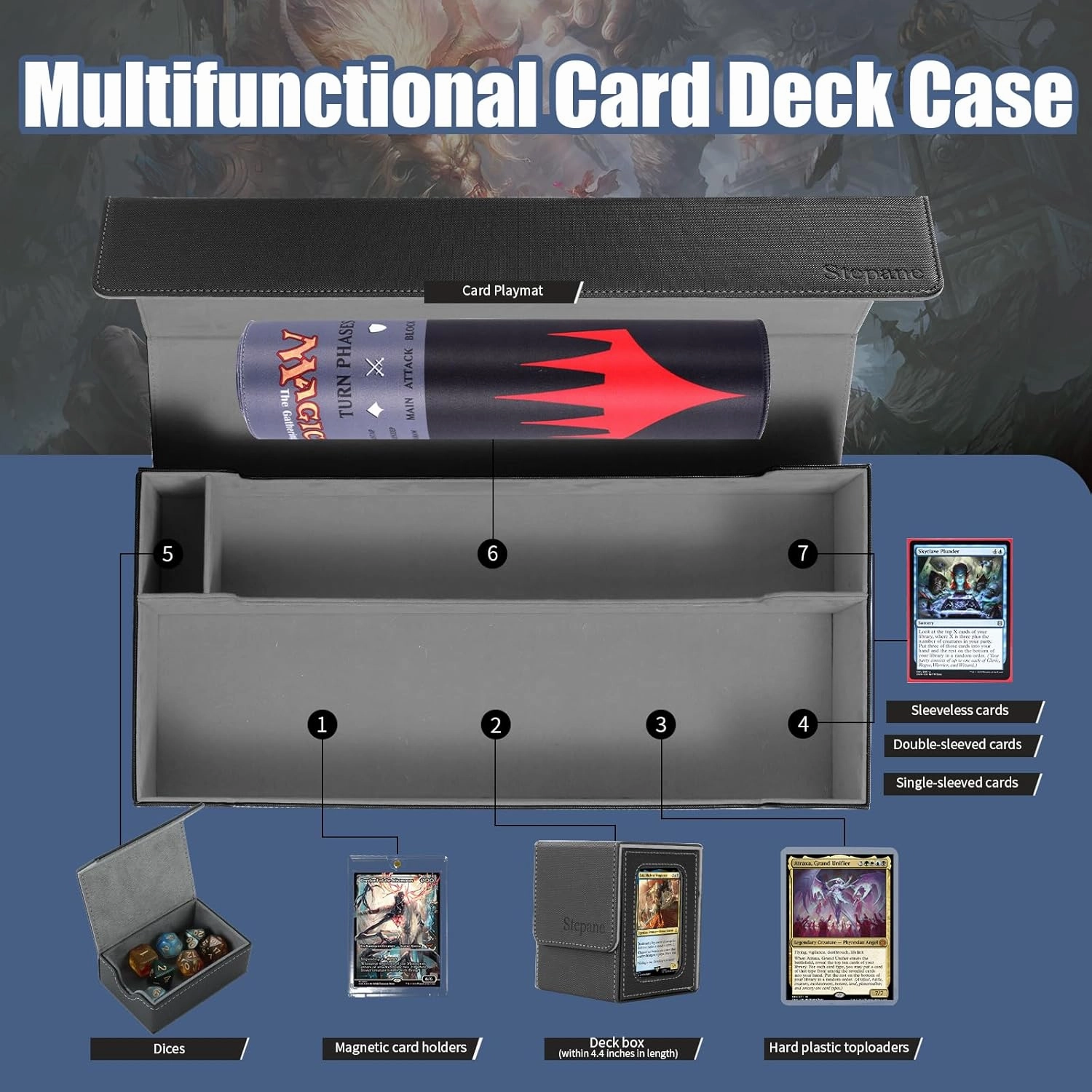 Trading Card Storage Box, 2200  MTG Deck Box Leather Magnetic Closure Commander Deck Box, Holds 5 Small Deck Boxes, Includes 1 Small Box, 8 Dividers, 1 Foam Stopper, 1 Toploader, Black/Grey