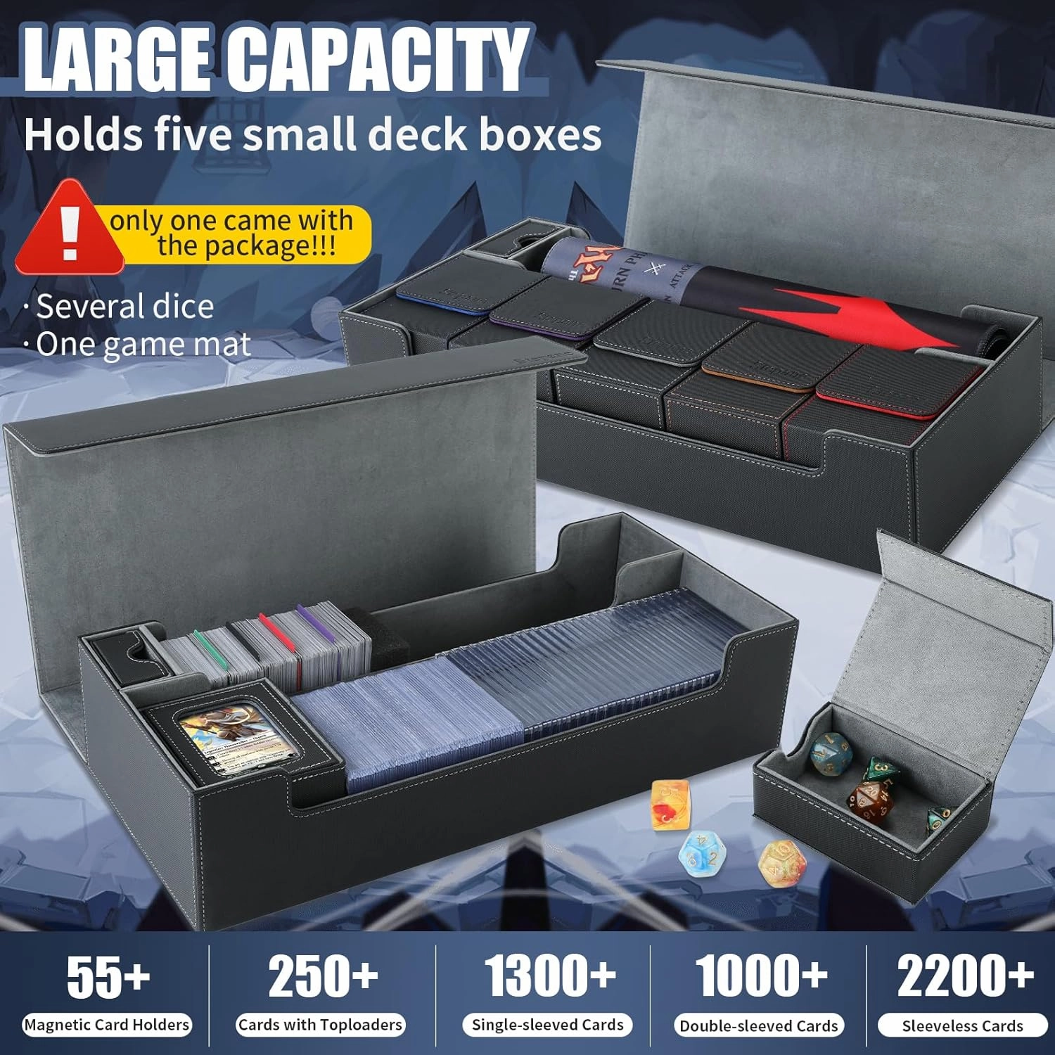 Trading Card Storage Box, 2200  MTG Deck Box Leather Magnetic Closure Commander Deck Box, Holds 5 Small Deck Boxes, Includes 1 Small Box, 8 Dividers, 1 Foam Stopper, 1 Toploader, Black/Grey