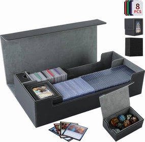 Trading Card Storage Box, 2200  MTG Deck Box Leather Magnetic Closure Commander Deck Box, Holds 5 Small Deck Boxes, Includes 1 Small Box, 8 Dividers, 1 Foam Stopper, 1 Toploader, Black/Grey