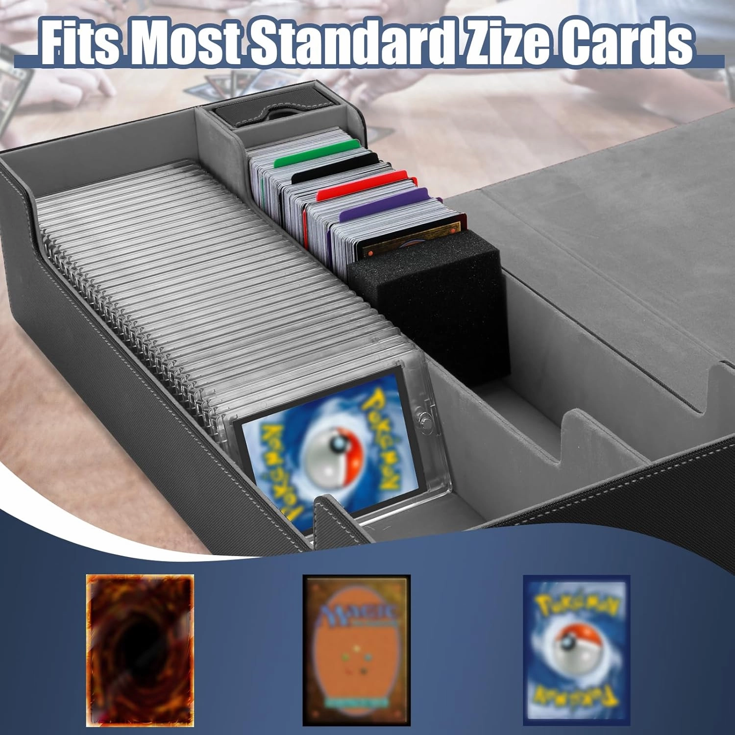 Trading Card Storage Box, 2200  MTG Deck Box Leather Magnetic Closure Commander Deck Box, Holds 5 Small Deck Boxes, Includes 1 Small Box, 8 Dividers, 1 Foam Stopper, 1 Toploader, Black/Grey