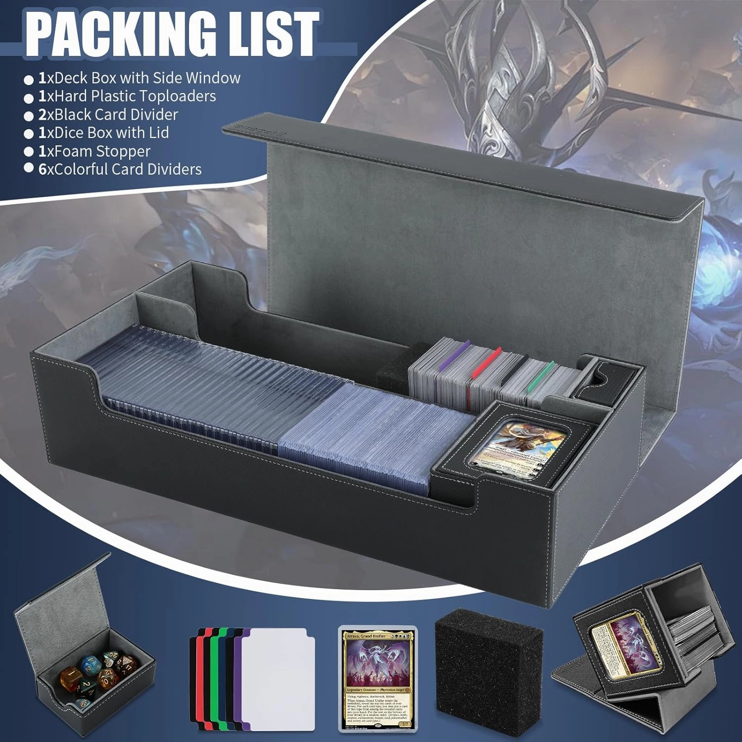 Trading Card Storage Box, 2200  MTG Deck Box Leather Magnetic Closure Commander Deck Box, Holds 5 Small Deck Boxes, Includes 1 Small Box, 8 Dividers, 1 Foam Stopper, 1 Toploader, Black/Grey