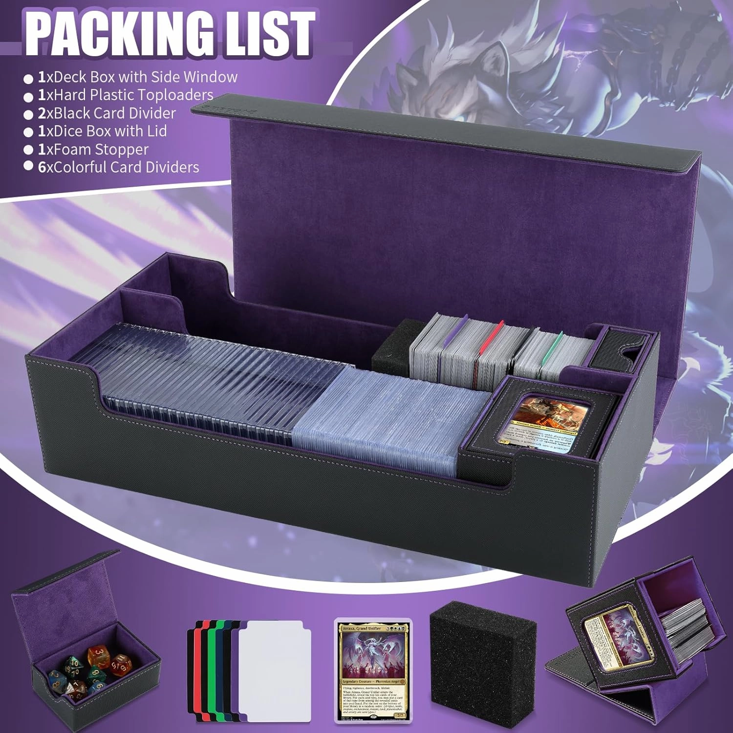 Trading Card Storage Box, 2200  MTG Deck Box Leather Magnetic Closure Commander Deck Box, Holds 5 Small Deck Boxes, Includes 1 Small Box, 8 Dividers, 1 Foam Stopper, 1 Toploader, Black/Violet