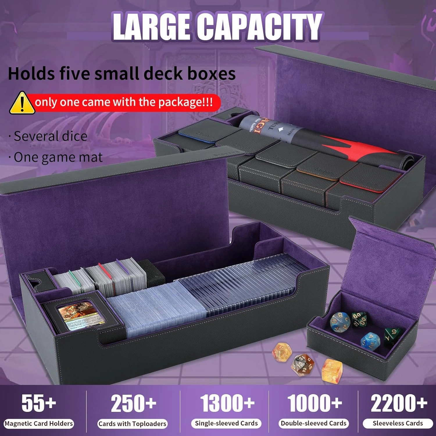 Trading Card Storage Box, 2200  MTG Deck Box Leather Magnetic Closure Commander Deck Box, Holds 5 Small Deck Boxes, Includes 1 Small Box, 8 Dividers, 1 Foam Stopper, 1 Toploader, Black/Violet
