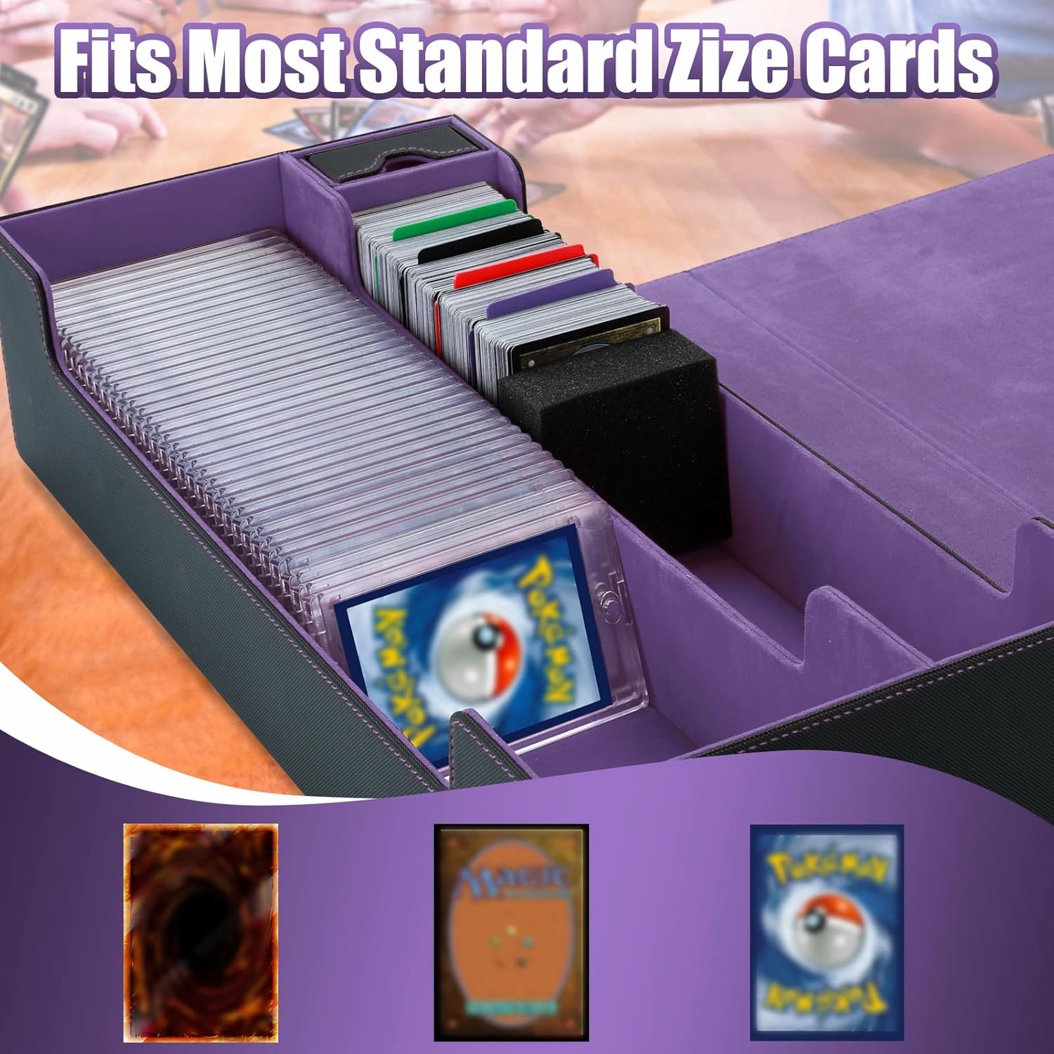 Trading Card Storage Box, 2200  MTG Deck Box Leather Magnetic Closure Commander Deck Box, Holds 5 Small Deck Boxes, Includes 1 Small Box, 8 Dividers, 1 Foam Stopper, 1 Toploader, Black/Violet