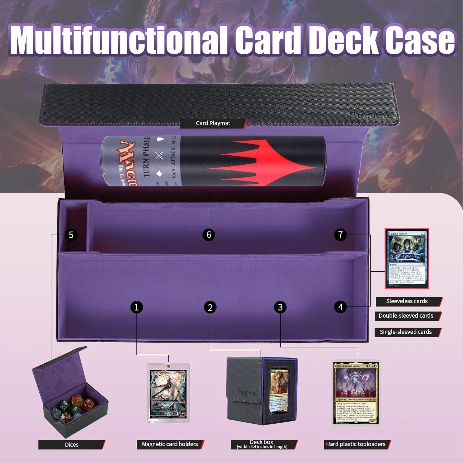 Trading Card Storage Box, 2200  MTG Deck Box Leather Magnetic Closure Commander Deck Box, Holds 5 Small Deck Boxes, Includes 1 Small Box, 8 Dividers, 1 Foam Stopper, 1 Toploader, Black/Violet
