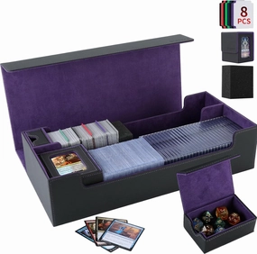 Trading Card Storage Box, 2200  MTG Deck Box Leather Magnetic Closure Commander Deck Box, Holds 5 Small Deck Boxes, Includes 1 Small Box, 8 Dividers, 1 Foam Stopper, 1 Toploader, Black/Violet