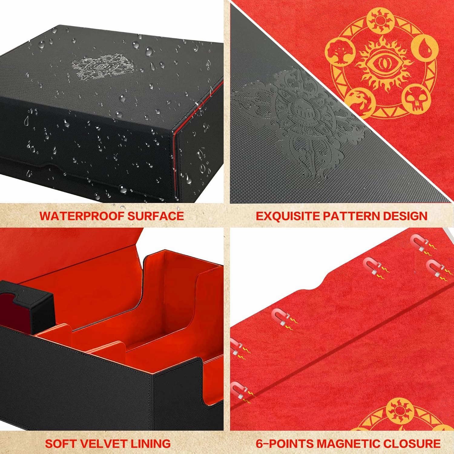Trading Card Storage Box for MTG/TCG/YuGiOh, Commander Deck Case Fits 2000  Cards, 10 Dividers, Dice Set, 3 Foam Stoppers, PU Leather, Magnetic Closure, Magic, Sports Cards (Red)