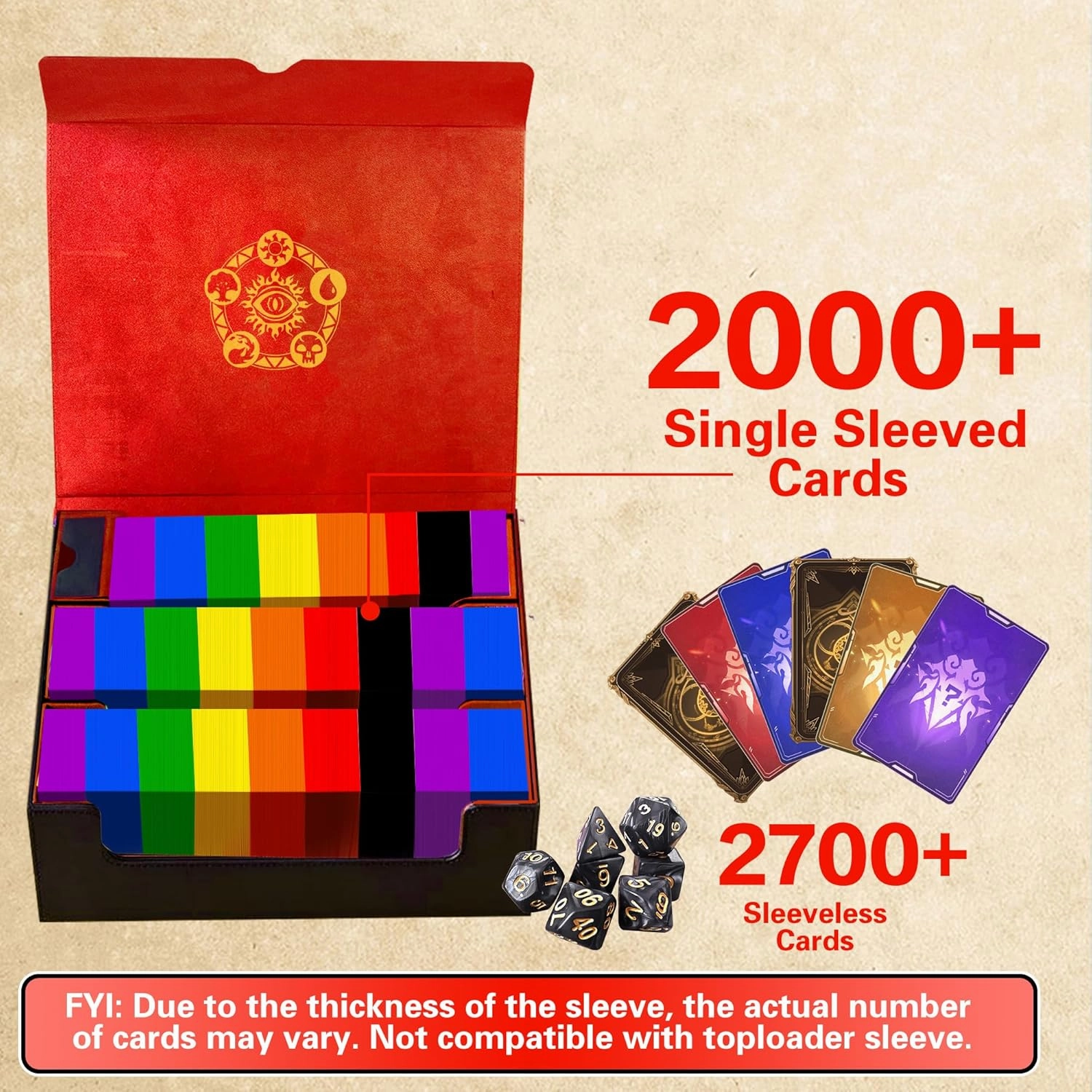 Trading Card Storage Box for MTG/TCG/YuGiOh, Commander Deck Case Fits 2000  Cards, 10 Dividers, Dice Set, 3 Foam Stoppers, PU Leather, Magnetic Closure, Magic, Sports Cards (Red)