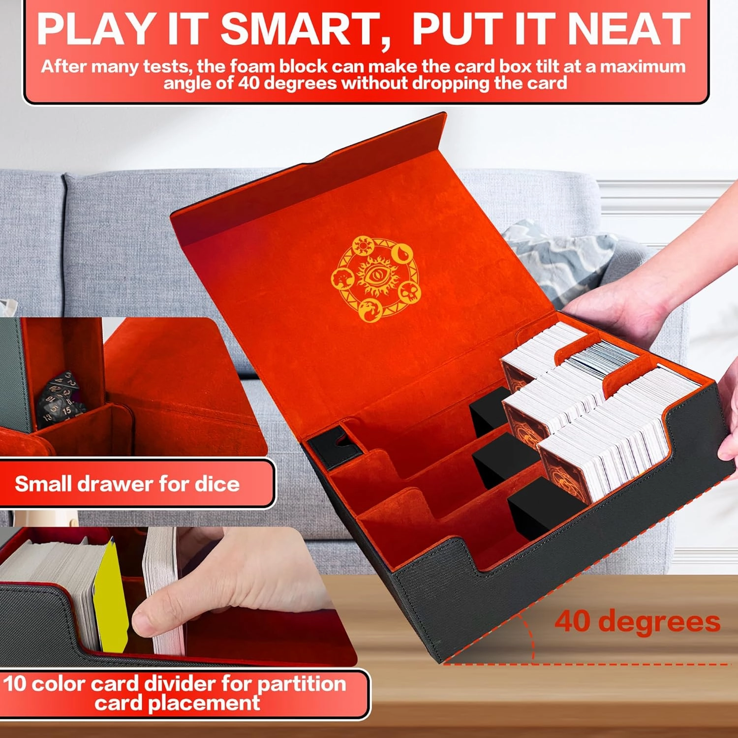 Trading Card Storage Box for MTG/TCG/YuGiOh, Commander Deck Case Fits 2000  Cards, 10 Dividers, Dice Set, 3 Foam Stoppers, PU Leather, Magnetic Closure, Magic, Sports Cards (Red)