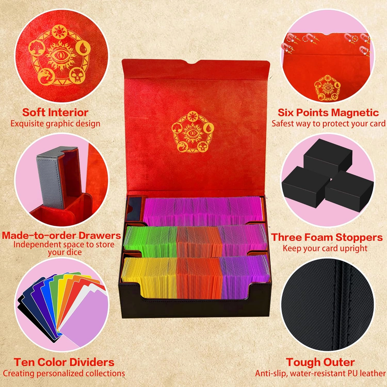 Trading Card Storage Box for MTG/TCG/YuGiOh, Commander Deck Case Fits 2000  Cards, 10 Dividers, Dice Set, 3 Foam Stoppers, PU Leather, Magnetic Closure, Magic, Sports Cards (Red)