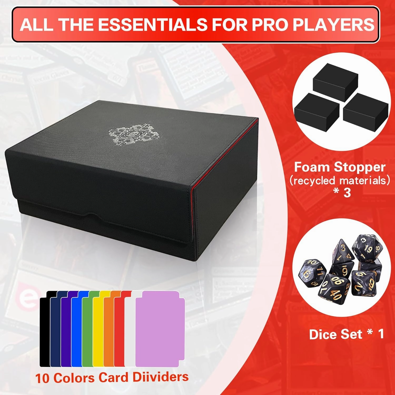 Trading Card Storage Box for MTG/TCG/YuGiOh, Commander Deck Case Fits 2000  Cards, 10 Dividers, Dice Set, 3 Foam Stoppers, PU Leather, Magnetic Closure, Magic, Sports Cards (Red)