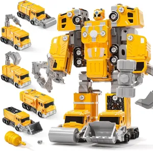 Transforming Robot Toys for Kids Ages 5-12 Years,5 PCS Take Apart Trucks STEM Building Set,Switchable Car to Robot Action Figures,Durable & Educational Birthday Gifts for Boys & Girls (YELLOW)
