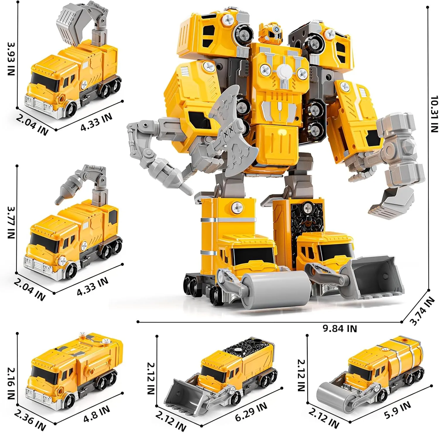 Transforming Robot Toys for Kids Ages 5-12 Years,5 PCS Take Apart Trucks STEM Building Set,Switchable Car to Robot Action Figures,Durable & Educational Birthday Gifts for Boys & Girls (YELLOW)