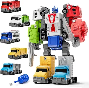 Transforming Robot Toys for Kids Ages 5-12 Years,5 PCS Take Apart Trucks STEM Building Set,Switchable Car to Robot Action Figures,Durable & Educational Birthday Gifts for Boys & Girls(Blue)