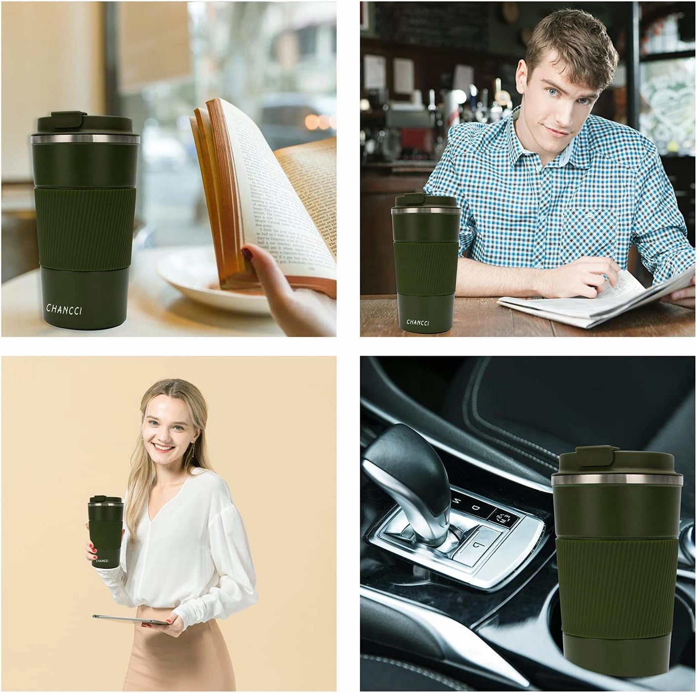 Travel Coffee Mug Spill Proof Leakproof 16 oz Insulated Coffee Mug with Screw Lid, Stainless Steel Vacuum Tumbler Reusable Thermal Coffee Cup to go for Hot and Cold Drinks -510ml,Dark Green