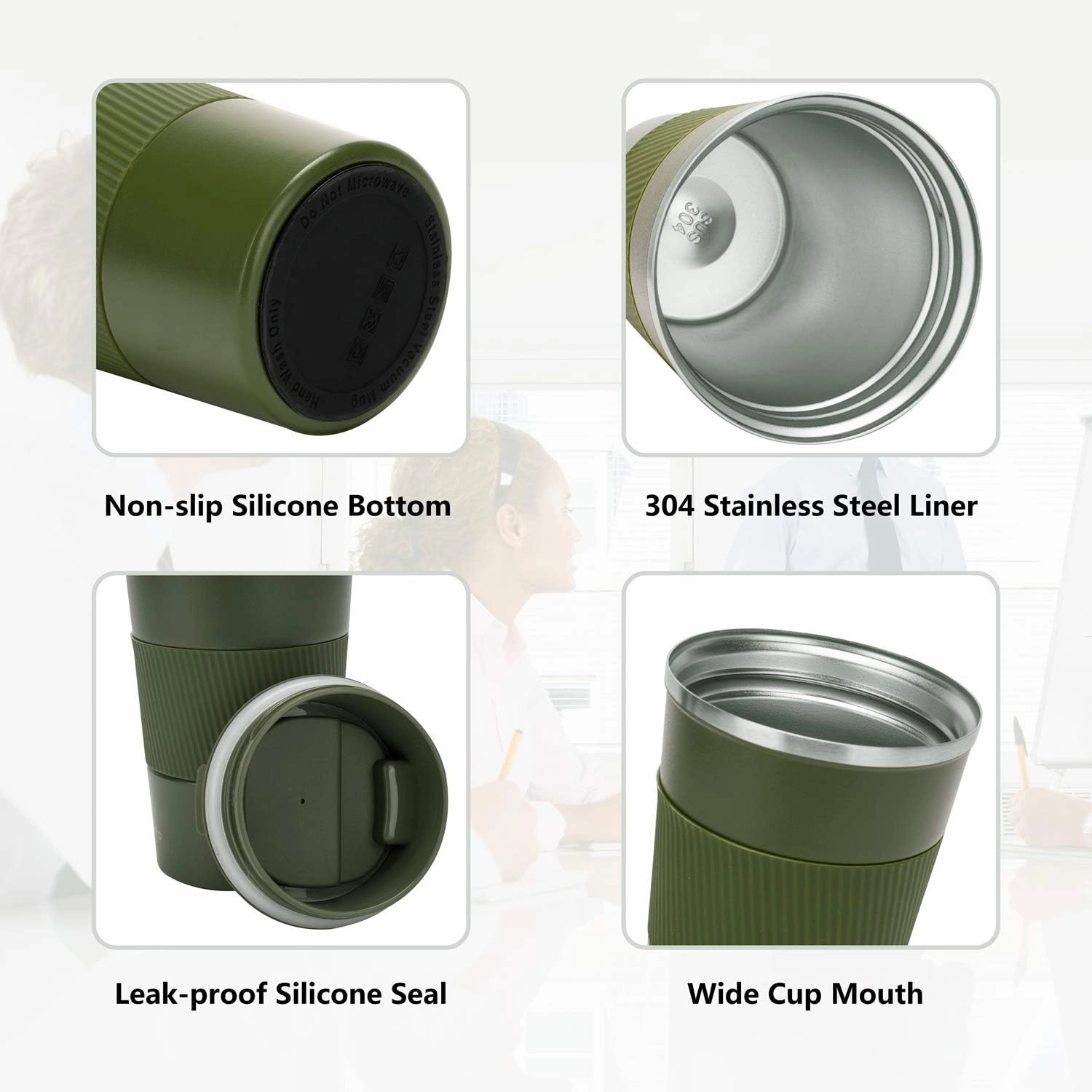 Travel Coffee Mug Spill Proof Leakproof 16 oz Insulated Coffee Mug with Screw Lid, Stainless Steel Vacuum Tumbler Reusable Thermal Coffee Cup to go for Hot and Cold Drinks -510ml,Dark Green