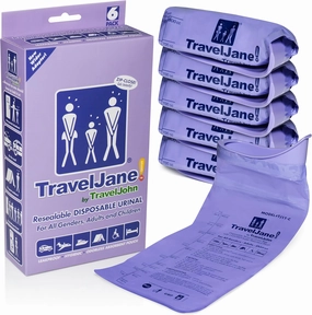 TravelJane Resealable Disposable Urinal for All Genders, Adults, and Children (6 Pack) Designed for Emergencies, Travel, Camping, Long Car Rides and More - 28oz/800ml Capacity (TJ1T-C)