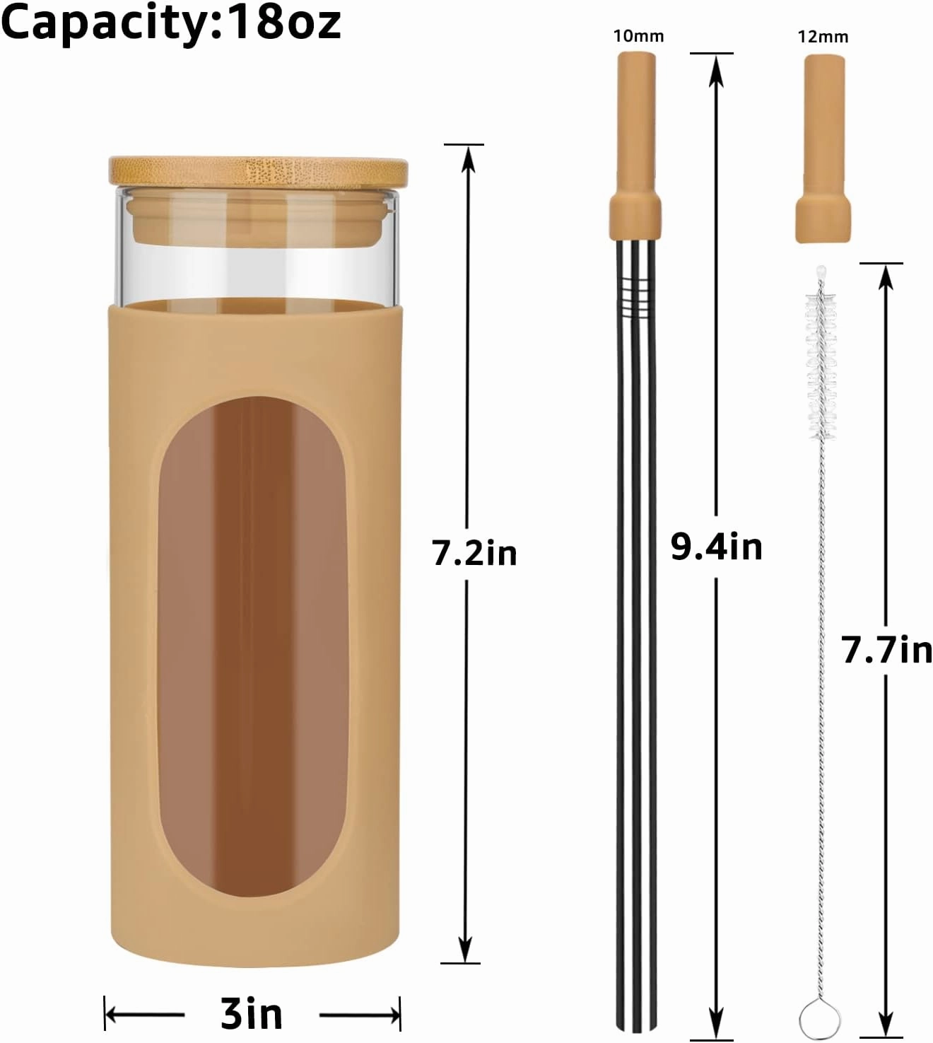 Tronco 18oz Glass Tumbler with Bamboo Lid and Straw, Reusable Iced Coffee Cup for Boba Tea, Smoothies & Cold Drinks, Spill-Proof Glass Cup with Silicone Sleeve, Dishwasher Safe, BPA-Free (Pack of 2)