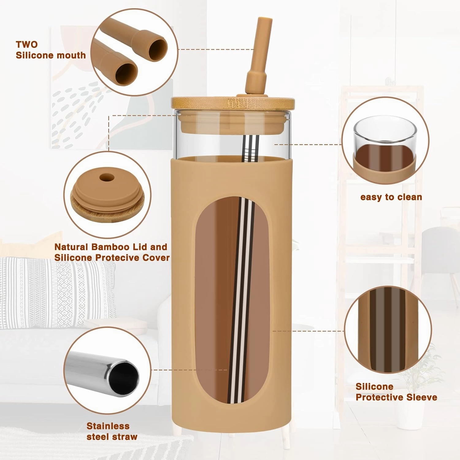 Tronco 18oz Glass Tumbler with Bamboo Lid and Straw, Reusable Iced Coffee Cup for Boba Tea, Smoothies & Cold Drinks, Spill-Proof Glass Cup with Silicone Sleeve, Dishwasher Safe, BPA-Free (Pack of 2)