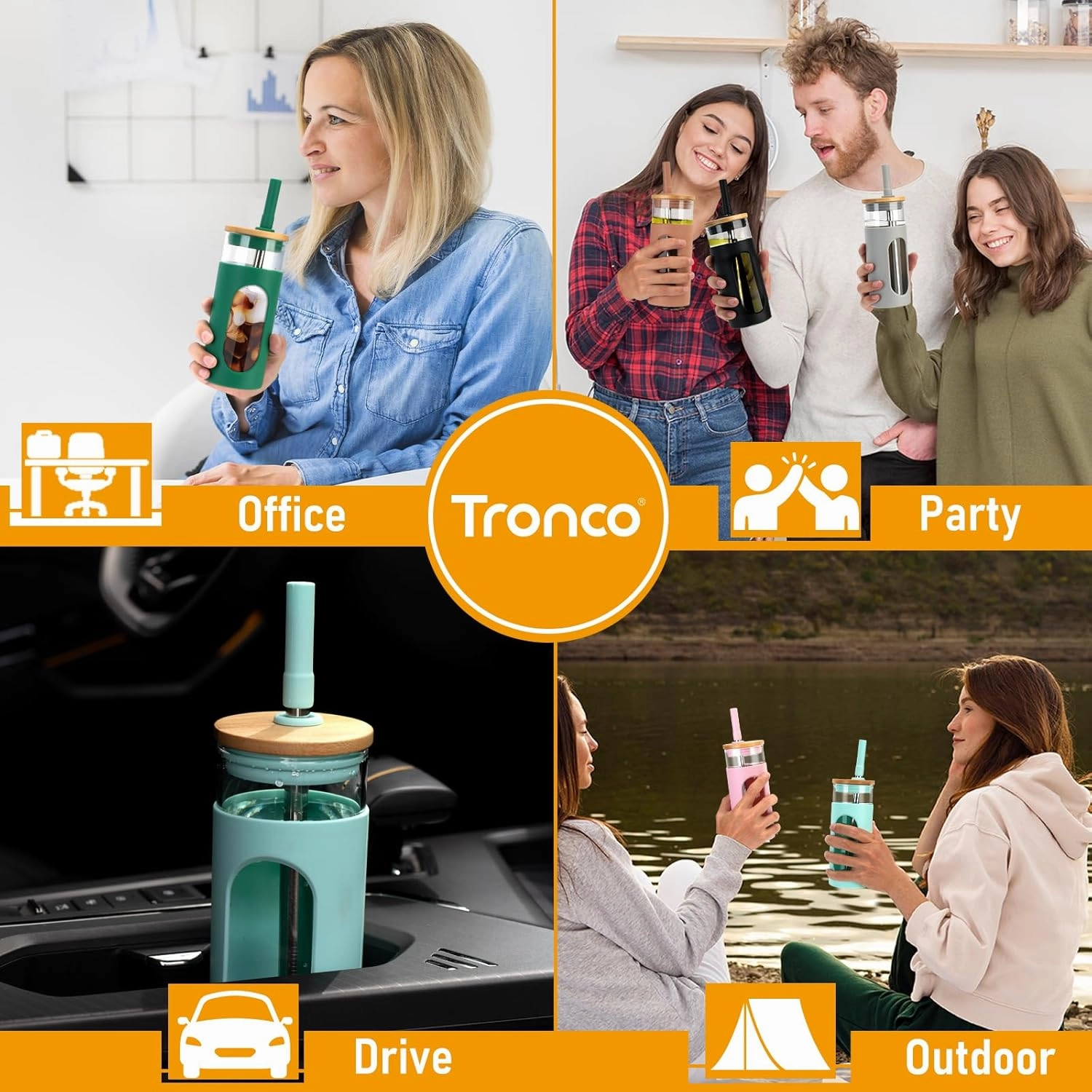 Tronco 18oz Glass Tumbler with Bamboo Lid and Straw, Reusable Iced Coffee Cup for Boba Tea, Smoothies & Cold Drinks, Spill-Proof Glass Cup with Silicone Sleeve, Dishwasher Safe, BPA-Free (Pack of 2)
