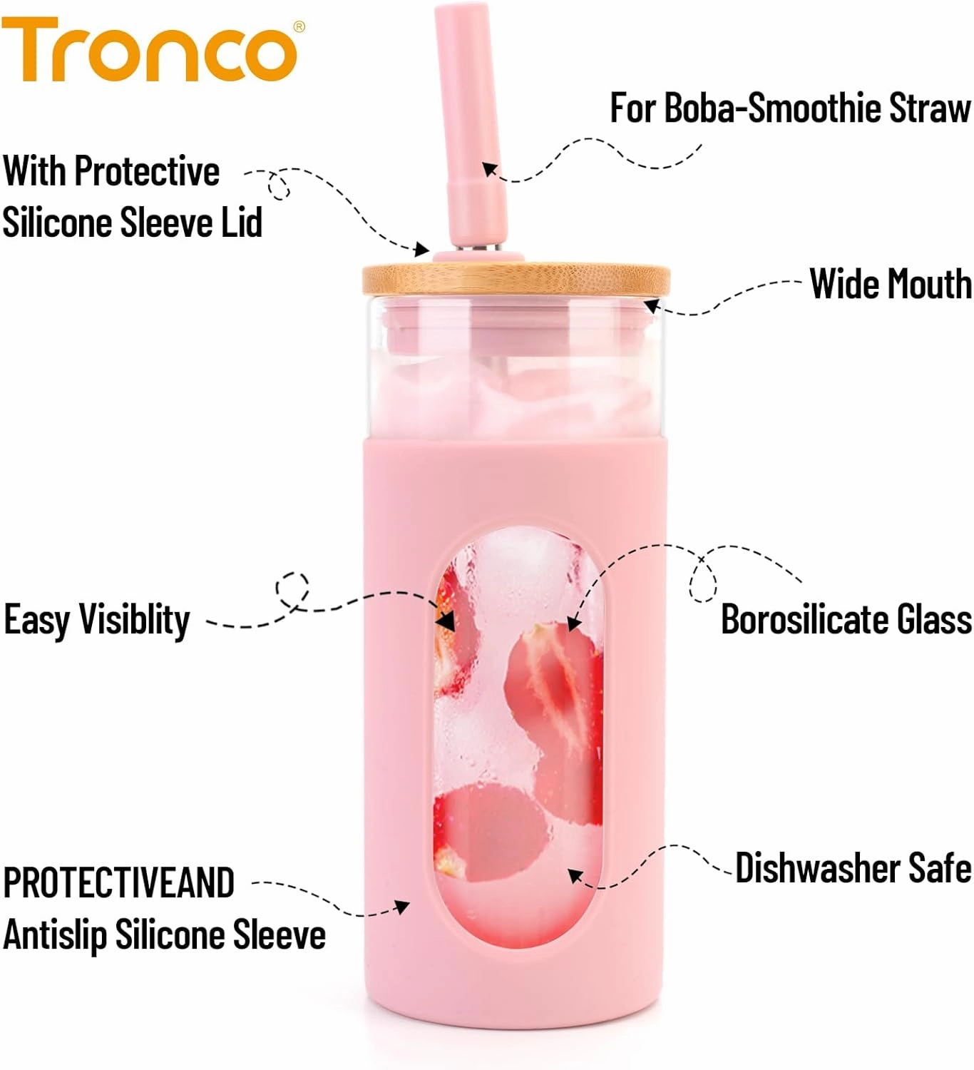 Tronco 18oz Glass Tumbler with Bamboo Lid and Straw, Reusable Iced Coffee Cup for Boba Tea, Smoothies & Cold Drinks, Spill-Proof Glass Cup with Silicone Sleeve, Dishwasher Safe, BPA-Free (Pack of 2)