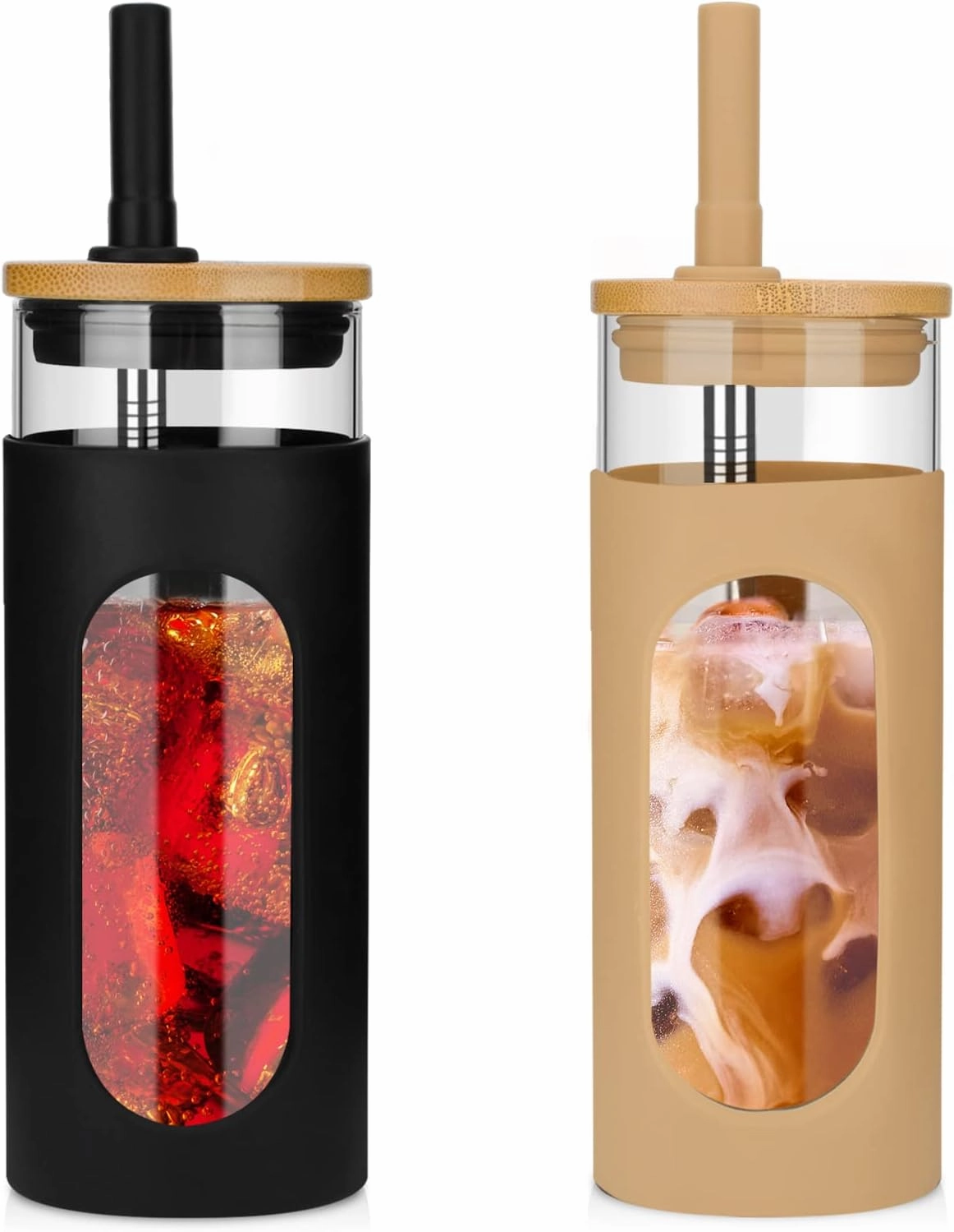 Tronco 18oz Glass Tumbler with Bamboo Lid and Straw, Reusable Iced Coffee Cup for Boba Tea, Smoothies & Cold Drinks, Spill-Proof Glass Cup with Silicone Sleeve, Dishwasher Safe, BPA-Free (Pack of 2)