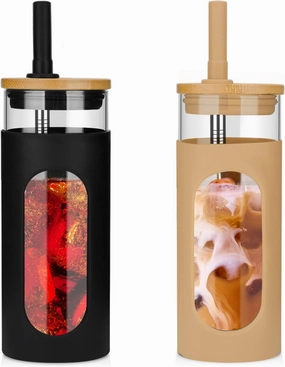 Tronco 18oz Glass Tumbler with Bamboo Lid and Straw, Reusable Iced Coffee Cup for Boba Tea, Smoothies & Cold Drinks, Spill-Proof Glass Cup with Silicone Sleeve, Dishwasher Safe, BPA-Free (Pack of 2)