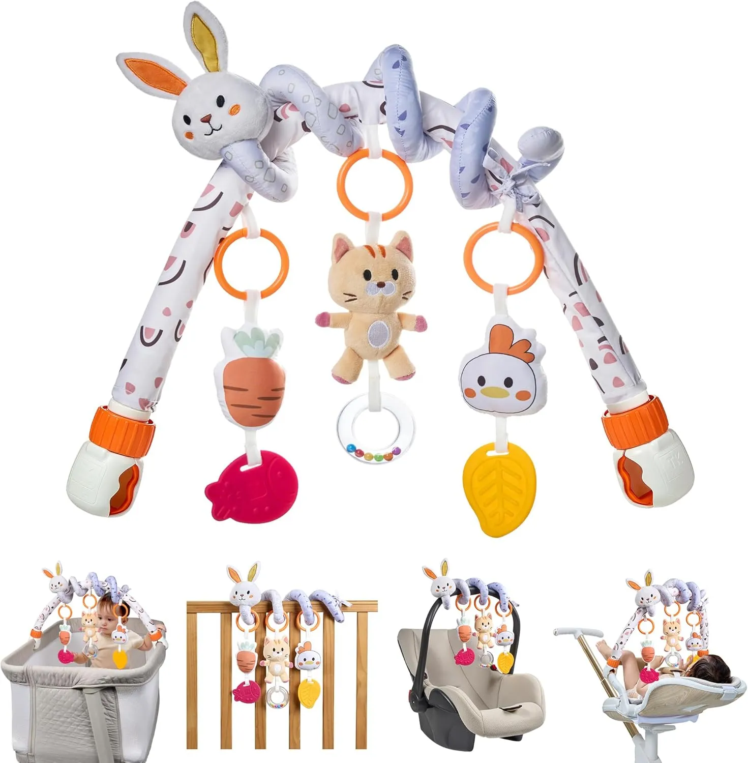 TUMAMA 2 in 1 Spiral Car Seat Toys for Babies 6-12 Months, Arch Stroller Toys for Infant 0-12 Months Hanging Toys with Clip Crib Bouncer Bassinet Activity Toy