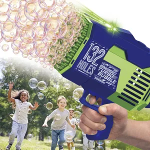 Turbo Bubble 132 Holes Bubble Machine Gun Toy for Kids with Liquid Solution and Colorful Light Up Effects, Birthday Party and Summer Fun Outdoor Play, Gift for Boys and Girls, Blue Green