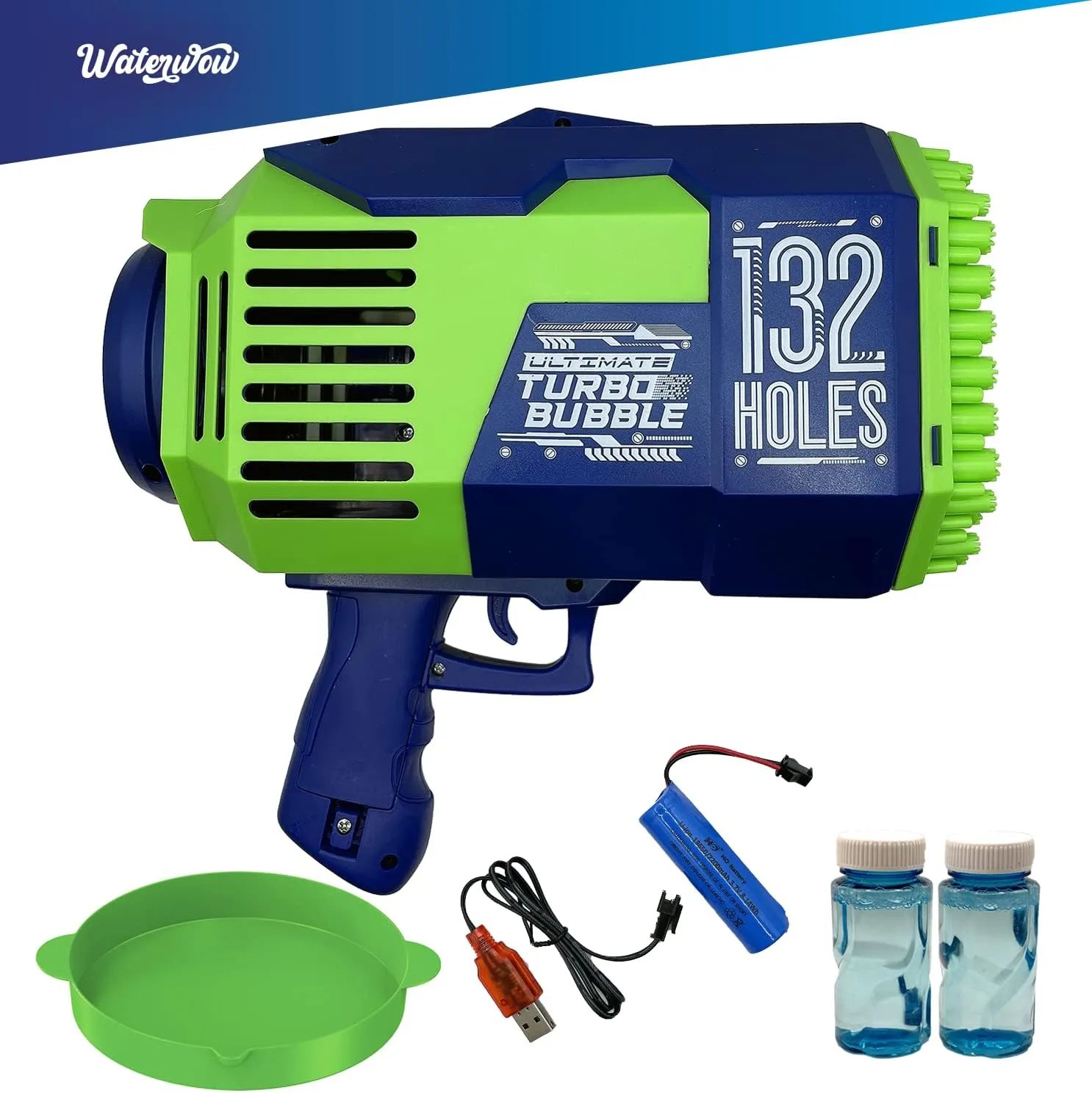 Turbo Bubble 132 Holes Bubble Machine Gun Toy for Kids with Liquid Solution and Colorful Light Up Effects, Birthday Party and Summer Fun Outdoor Play, Gift for Boys and Girls, Blue Green