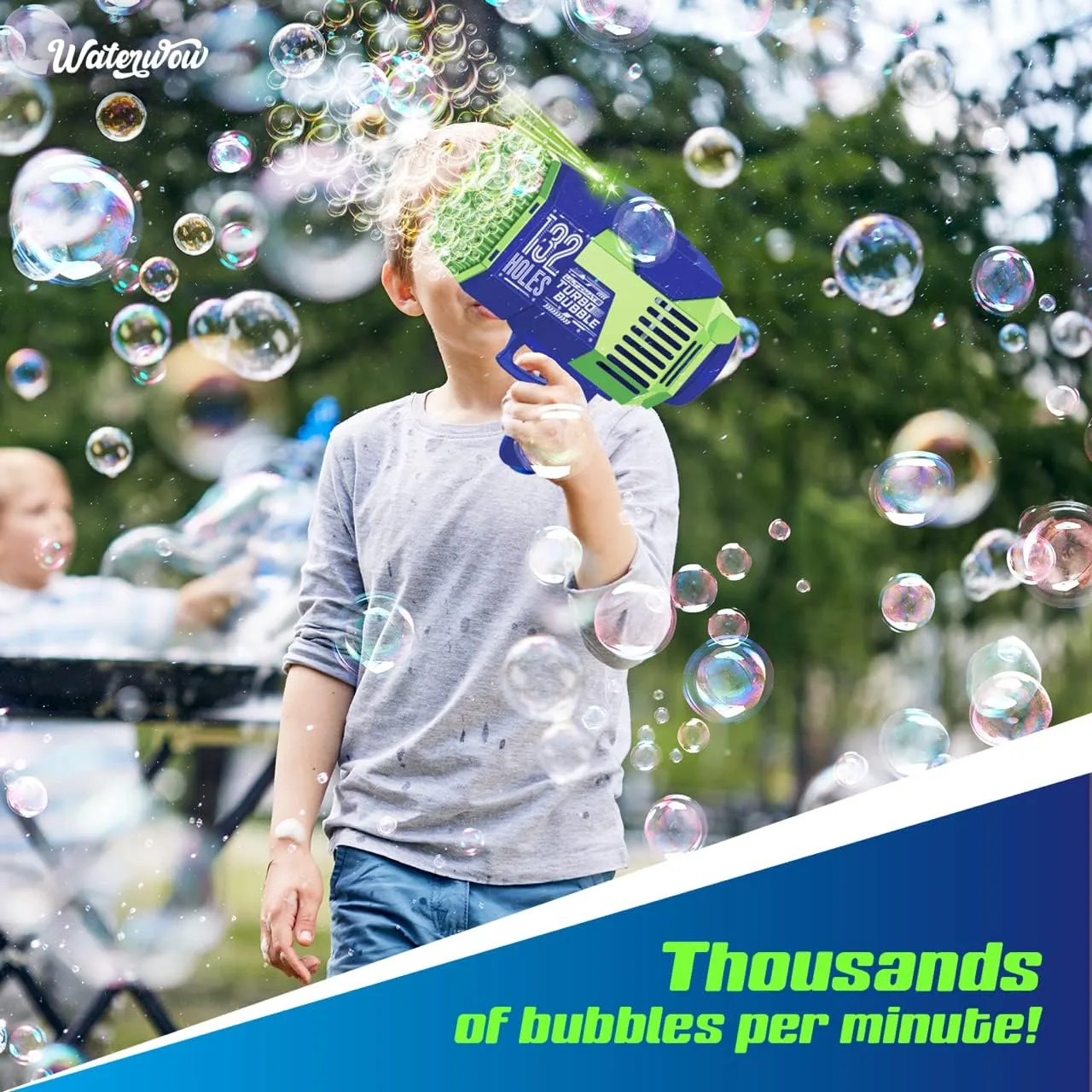 Turbo Bubble 132 Holes Bubble Machine Gun Toy for Kids with Liquid Solution and Colorful Light Up Effects, Birthday Party and Summer Fun Outdoor Play, Gift for Boys and Girls, Blue Green