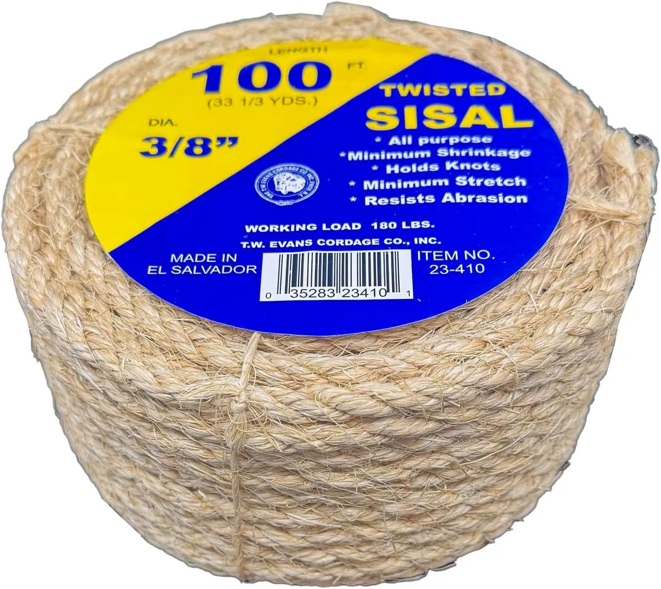 T.W . Evans Cordage Co. 23-410 3/8-Inch by 100-Feet Twisted Sisal Rope,Tan,Onе Paсk