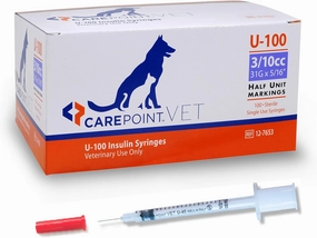 U-100 Pet Insulin Syringes, 31G x 5/16" 3/10cc, Comfortable Injection, Bold Permanent Markings for Accurate Dosage, Disposable, Box of 100