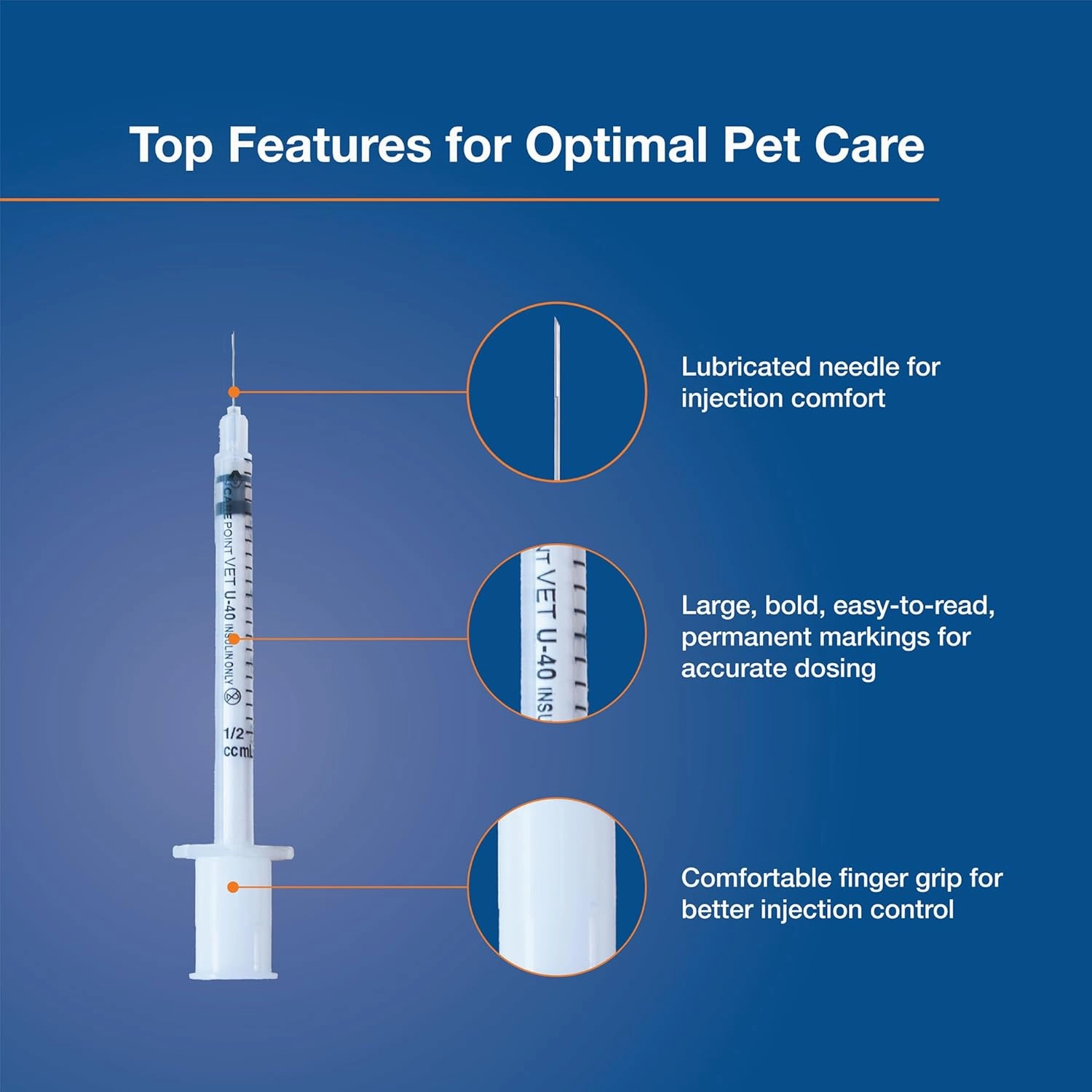 U-40 Pet Insulin Syringes, 29G x 1/2" 3/10cc, Comfortable Injection, Bold Permanent Markings for Accurate Dosage, Disposable, Box of 100