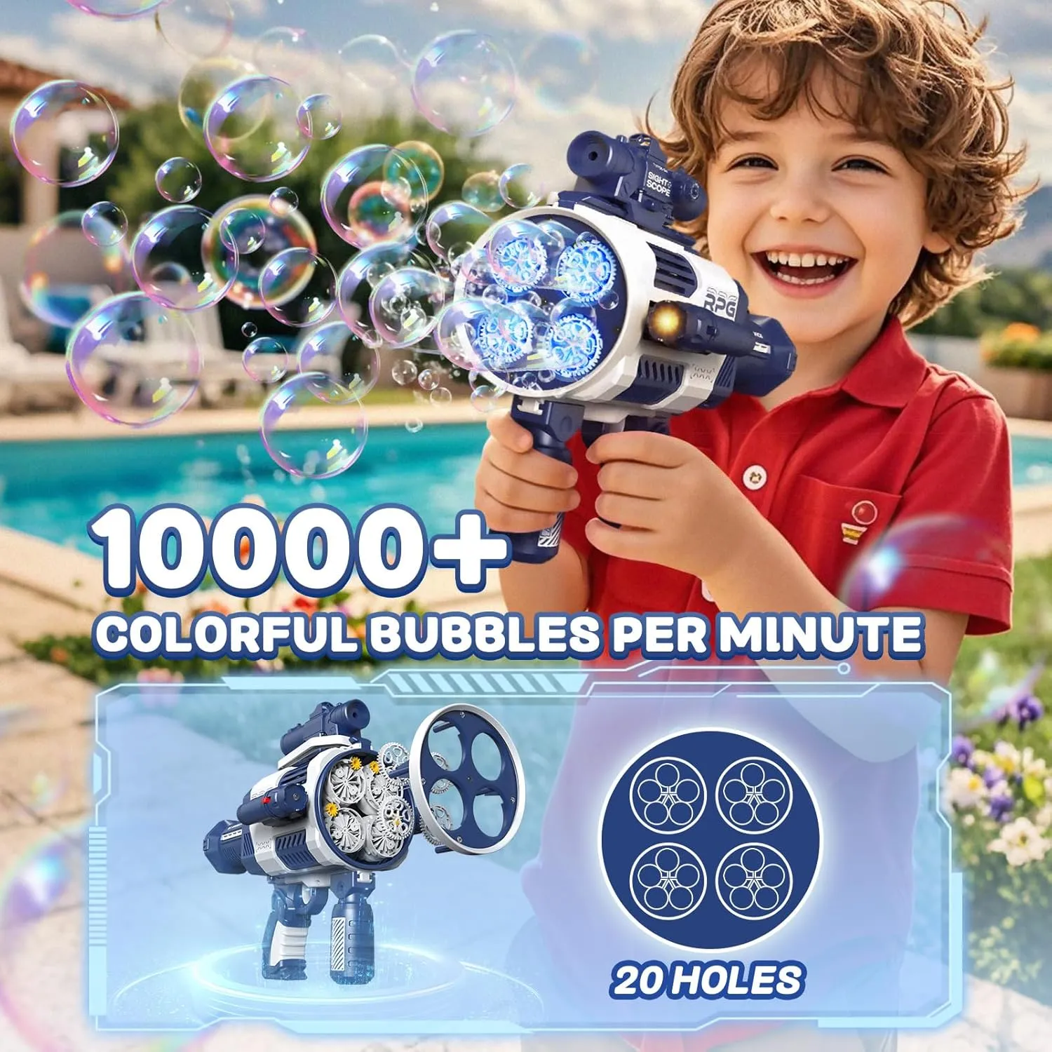 Upgraded Rapid-Fill Automatic Bubble Machine Gun - Rechargeable Electric Blaster for Kids, Outdoor Summer Toys, Wedding Party Favors, Gift for Boys with 20 Holes Design(Blue)