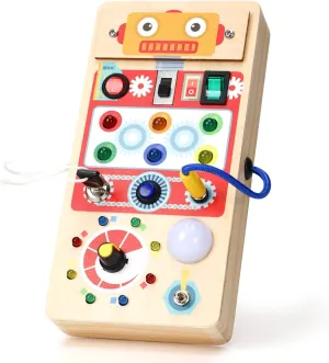 Upltowtme Montessori Busy Board for Toddlers LED Wooden Sensory Toy with 8 Switch Light Early Activity Motor Skills Educational Toy for 3  Year Old Boys Girls Orange Robot Chirstmas Gift for Kid