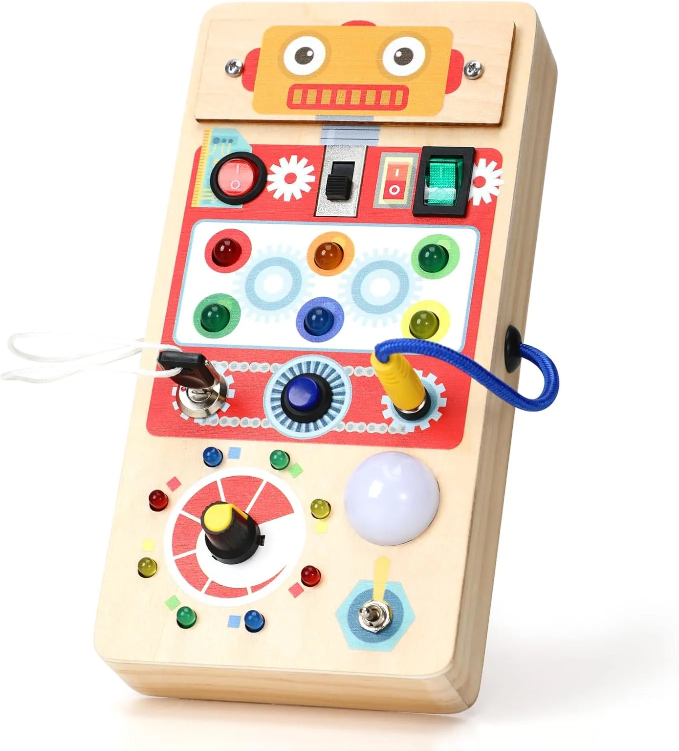 Upltowtme Montessori Busy Board for Toddlers LED Wooden Sensory Toy with 8 Switch Light Early Activity Motor Skills Educational Toy for 3  Year Old Boys Girls Orange Robot Chirstmas Gift for Kid