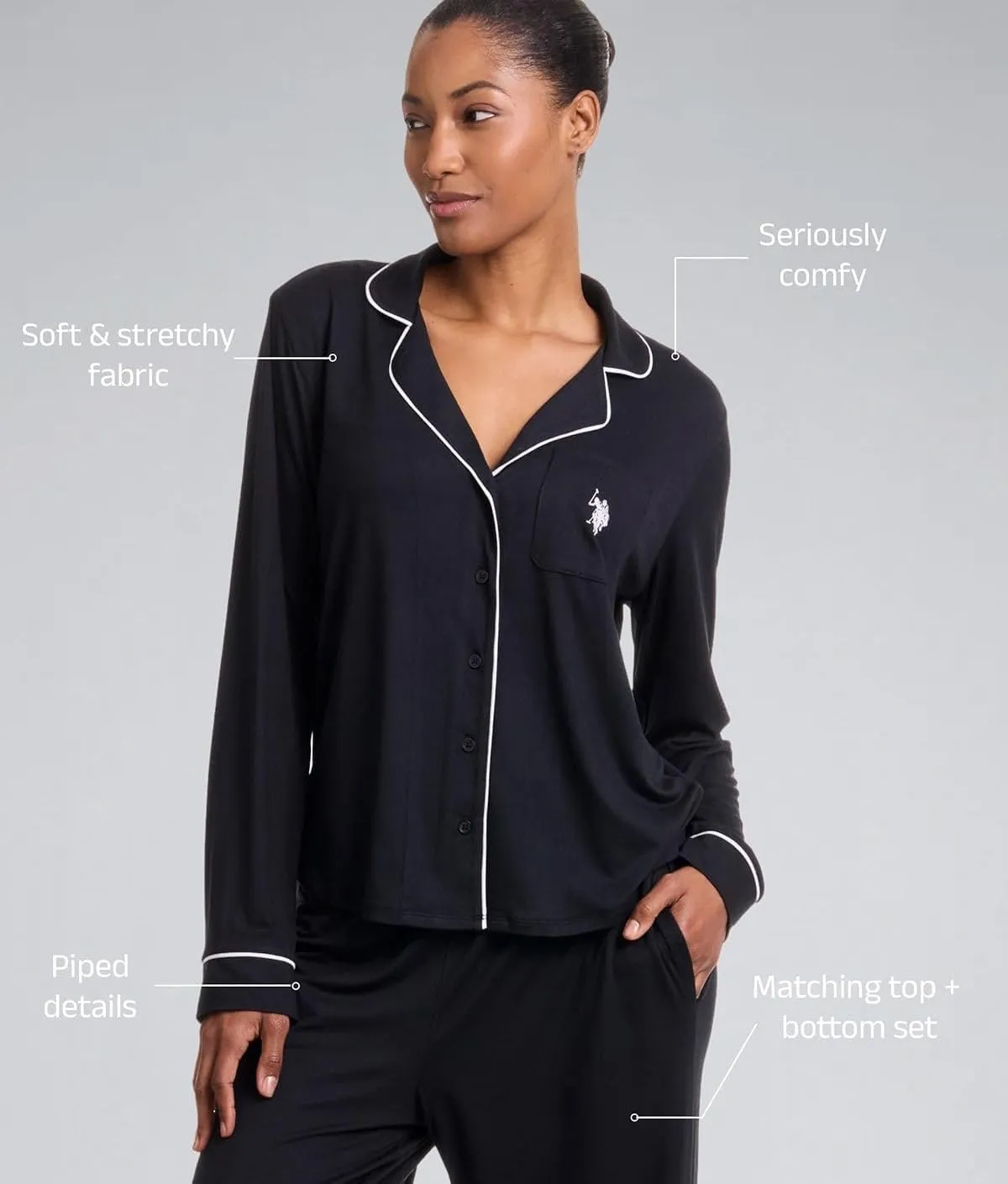 U.S. Polo Assn. Womens Pajama Set Long Sleeve Button Up Top and Pajama Pants