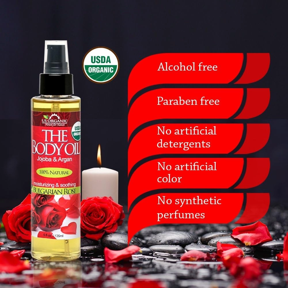 US Organic Body Oil - Romantic Sexy Bulgarian Rose- Jojoba and Argan Oil with Vitamin E, USDA Certified Organic, No Alcohol, Paraben, Artificial Detergents, Color or Synthetic perfume (Bulgarian Rose)