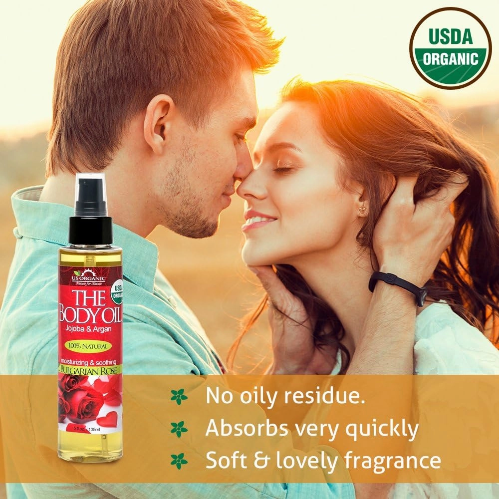 US Organic Body Oil - Romantic Sexy Bulgarian Rose- Jojoba and Argan Oil with Vitamin E, USDA Certified Organic, No Alcohol, Paraben, Artificial Detergents, Color or Synthetic perfume (Bulgarian Rose)
