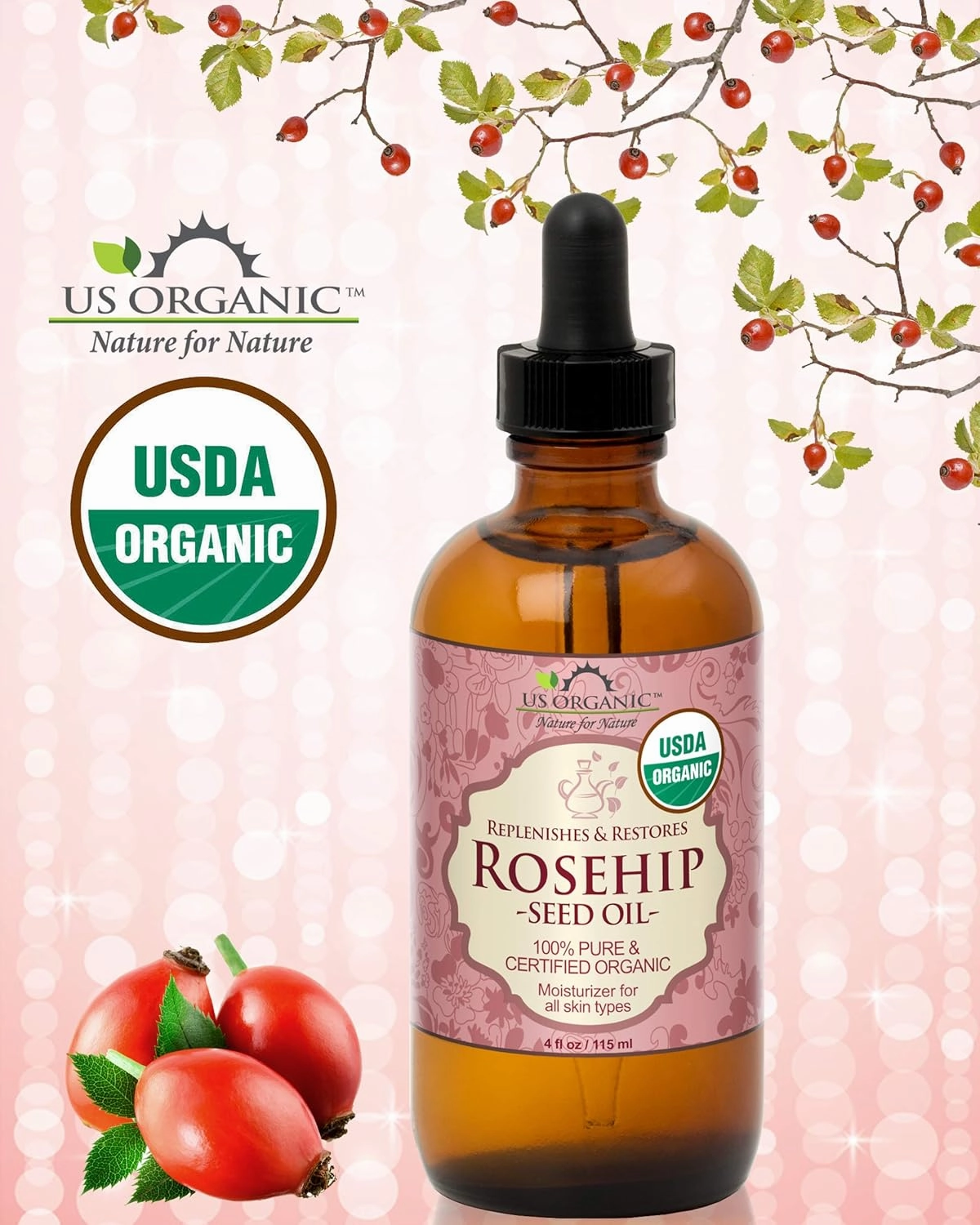 US Organic Rosehip Seed Oil, USDA Certified Organic, Cold Pressed, Virgin Organic, Amber Glass Bottle and Glass Eyedropper for Easy Application - 4 oz (115 ml)