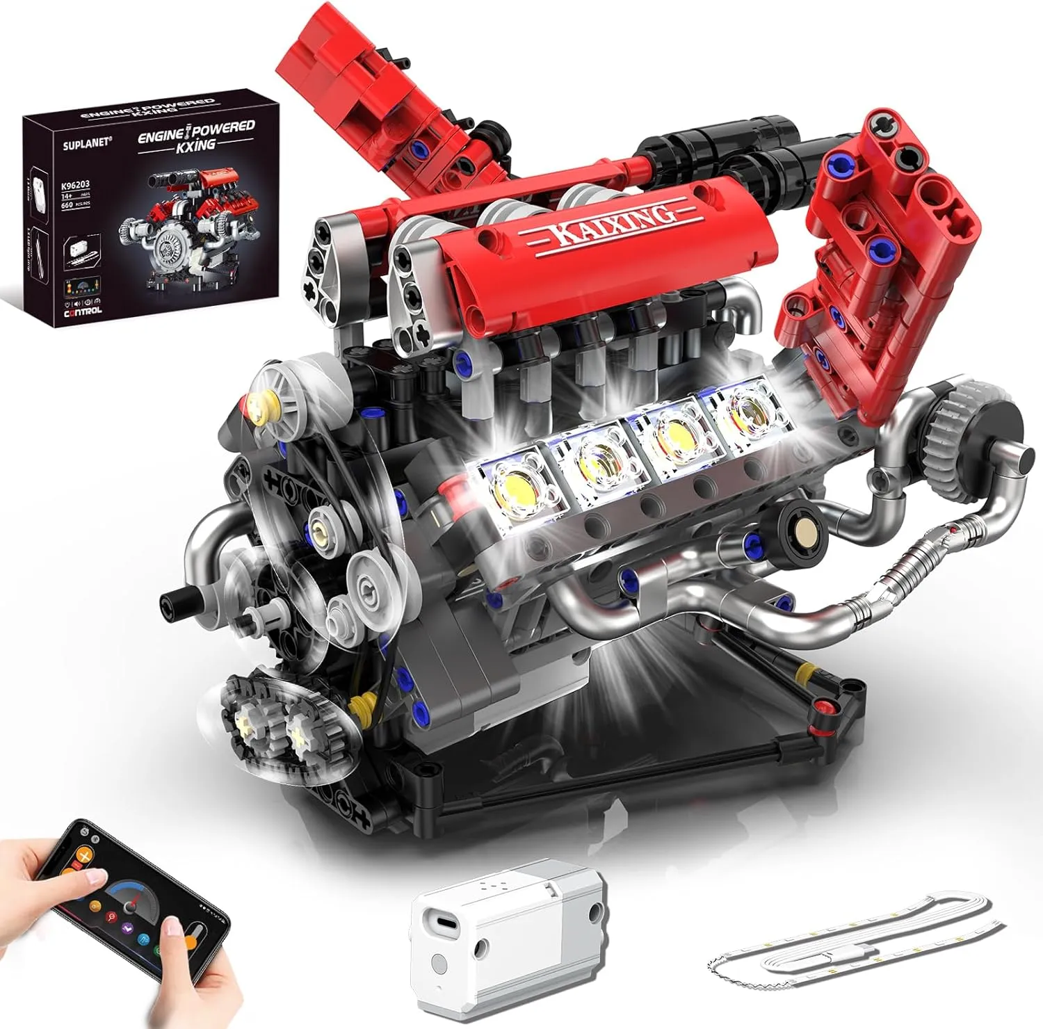 V8 Engine Building Blocks Sets,Red Mini Engine Kit with Battery and Motor,Collectible Set for Adults, Car Engine Building Engineering STEM Projects for Kids Boys (660 Pcs)